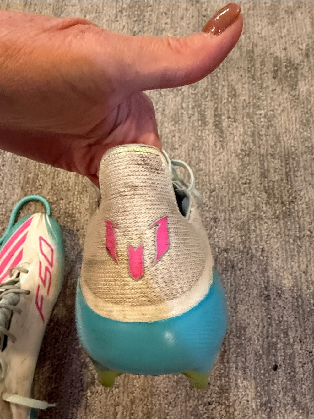 adidas Mens F50 Soccer Cleats in White, Pink & Teal Messi